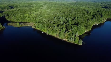 Aerial-view-of-a-lake-shoreline-in-the-summer-with-sunny,-warm-weather