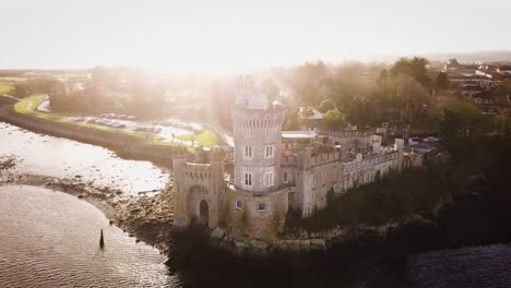 Black-Rock-castle-aerial-drone-footage-from-far-with-sun-flares