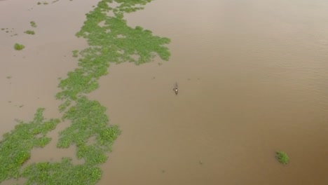 Vista-Aérea-De-Una-Pequeña-Canoa-Indígena-Cruzando-El-Río-Orinoco-Junto-A-Un-Montículo-De-Algas-Flotantes