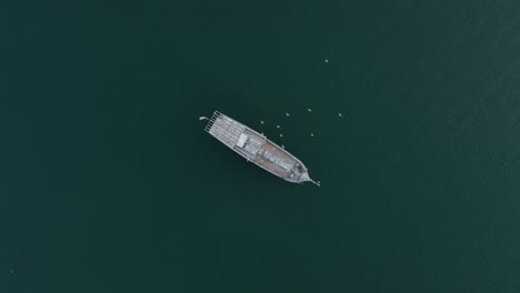 Drohnenkameraansicht-Des-Traditionellen-Arabischen-Fischerbootes,-Das-Auf-Der-Oberfläche-Des-Golfmeeres-In-Sharjah,-Vae,-Seelandschaft-Mit-Vögeln-Ein-Blick-Von-Oben-Festgemacht-Ist