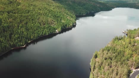 Forward-tilt-up-aerial-shot-over-a-lake-surrounded-by-a-forest