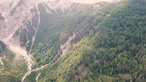 Kranen-Sie-Nach-Und-Nach-Eine-Drohnenaufnahme-Eines-Von-Bergen-Umgebenen-Waldes-Hoch