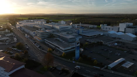 Aerial-View-Of-Renolit,-A-Plastic-Fabrication-Company-In-Worms,-Germany-During-The-Golden-Hour