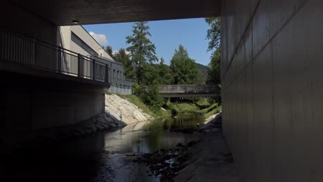 Walking-under-a-bridge-by-the-side-of-a-stream-on-a-sunny-day