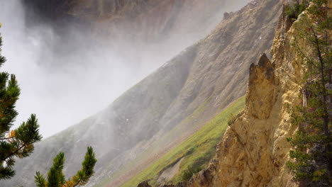Mist-from-Yellowstone's-Lower-Falls-blows-against-a-moss-covered-cliff-face