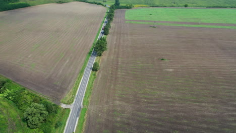 Flying-over-country-road-surrounded-by-fields-aerial-forward-drone-shot