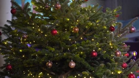 Weihnachten-In-Der-Kirche,-Echter-Weihnachtsbaum-Mit-Dekorationen,-Ornamenten-Und-Stern-An-Der-Spitze,-Bemalte-Decke-Mit-Engeln