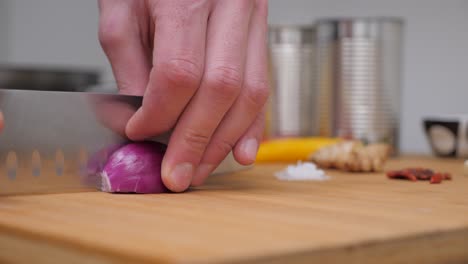 Person-Cutting-a-Red-Onion,-Static-close-up