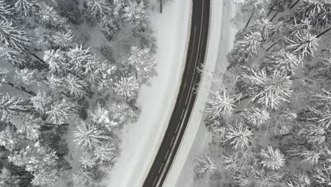 A-smooth-drone-shot-flying-over-a-road-with-a-snow-covered-pine-forest-around-the-road
