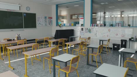Leeres-Klassenzimmer-Mit-Stühlen-Und-Schreibtischen-Mit-Einer-Tafel-Und-Zeichnungen-An-Der-Wand