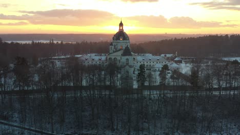 Aerial-view-of-Pažaislis-monastery-in-a-winter-sunset