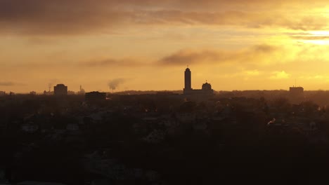 Kaunas-city-skyline,-sunrise-moment
