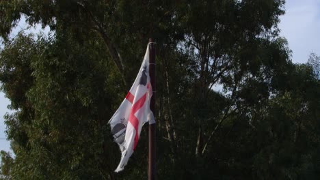 Schwenkende-Sardinien-flagge-Gegen-Schönen-Grünen-Baum,-Statische-Ansicht