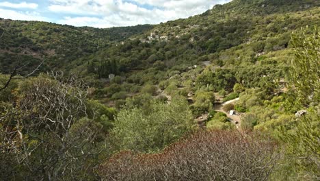 Hermoso-Valle-Forestal-Y-Pequeño-Pueblo-Cubierto-De-Vegetación-Verde,-Inclinando-La-Vista