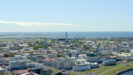 Reykjavik---Iceland---Slow-push-in-across-city-from-from-coastline-to-Hallgrimskirkja