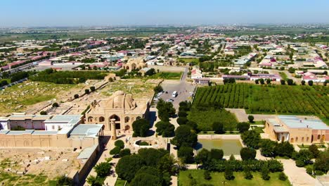 Baha-ud-din-Naqshband-Bokhari-Memorial-Complex-From-Above-On-A-Sunny-Summer-Day-In-Bukhara,-Uzbekistan