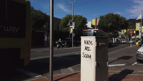 Slow-motion-tilt-showing-message-"Nazi-are-scum"-on-New-Zealand-capitals-street