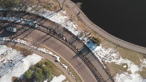 aerial-footage-of-road-by-the-lake-shore-during-a-sunny-afternoon,-cars-going-by