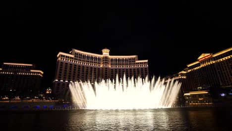 Full-view-of-The-Bellagio-water-fountain-shooting-up-in-Las-Vegas-circa-March-2019