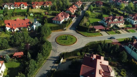 Aerial-approaching-view-of-a-central-point-of-a-housing-estate-in-the-suburbs