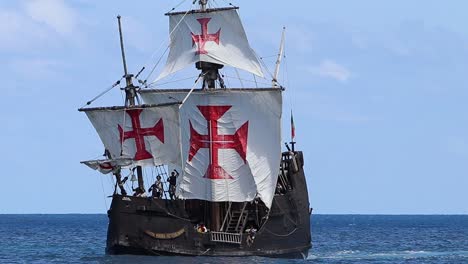 Authentic-flagship-replica-of-the-La-Santa-María-de-la-Inmaculada-Concepción-or-La-Santa-María,-originally-La-Gallega,-captained-by-Christopher-Columbus-first-voyage-across-the-Atlantic-Ocean-in-1492