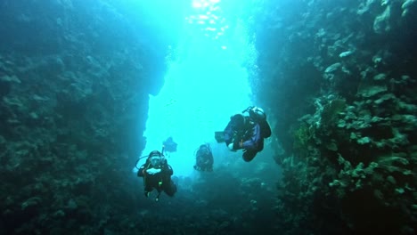 Group-of-divers-in-a-coral-reef-tunnel