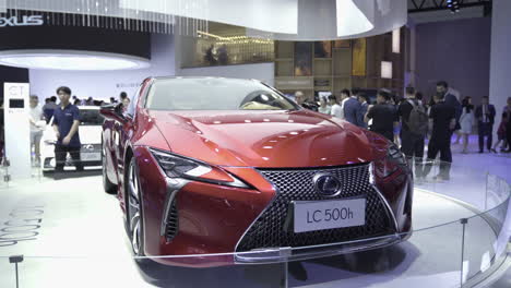 The-2020-Red-Lexus-LC-500h-standing-on-a-pedestal-at-2019-International-Auto-Show-in-Shenzhen,-China