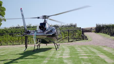 SLOWMO---Black-private-helicopter-from-behind-ready-to-take-off-from-vineyard-on-Waiheke-Island,-New-Zealand