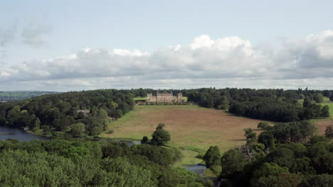 Aerial-Flyaway-from-Harewood-House,-a-Country-House-in-West-Yorkshire