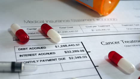 Pills-and-medicine-on-prop-medical-insurance-forms-that-show-high-costs-and-debt-of-patient-cancer-treatment