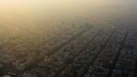 Barcelona-cityscape-aerial-view-at-sunset,-Spain