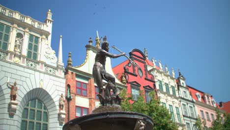 Neptune-Fountain-Bronze-Metal,-Gdansk-Poland,-Europe-Town-Square-Architecture