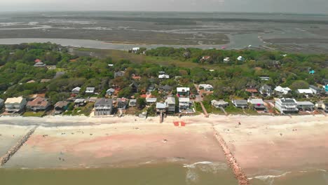 Aerial-drone-footage-of-coastal-Folly-Beach,-South-Carolina