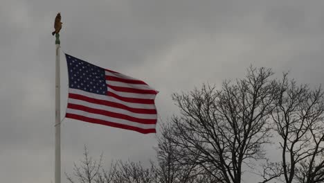 Die-Flagge-Der-Vereinigten-Staaten-Weht-Von-Einem-Adler-Gekrönten-Fahnenmast-Vor-Einem-Stürmischen-Grauen-Himmel-Mit-Blattlosen-Winterbäumen-Im-Hintergrund
