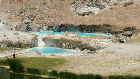 Fuente-Termal-Humeante-En-El-Sitio-Geológico-De-Hot-Creek-En-El-Bosque-Nacional-Inyo,-Agua-Humeante-Azul-Brillante-En-Rocas-Marrones
