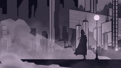 2D-Animation,-Ein-Mysteriöser-Mann-In-Einer-Futuristischen-Stadt-Mit-Neonlichtern-Und-Nebel