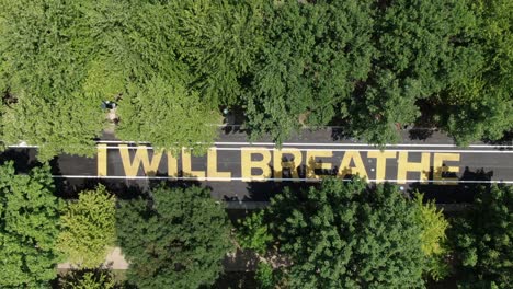 Aerial-of-I-Will-Breathe-painted-on-street-in-United-States,-response-to-George-Floyd-death,-police-brutality-in-America,-I-Can't-Breathe-famous-quote