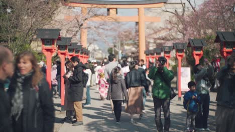 Kyoto,-Japan---Tourists-Having-Fun-While-Walking-At-The-Hirano-Jinja-Shrine-During-Sunny-Day---Wide-Shot