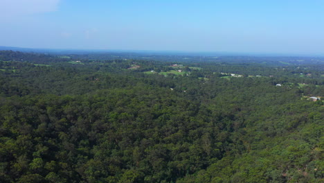Aerial-shot-of-an-epic-scene-of-rural-Sydney-Australia,-Houses-and-green-tree-dense-hilly-forest-on-a-clear-day