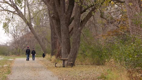 A-middle-aged-couple-is-walking-down-the-Chippewa-River-State-Trail-walking-and-biking-path-in-Eau-Claire,-Wisconsin-During-autumn-as-the-leaves-are-on-the-ground