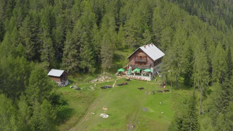 Luftaufnahme-Der-Dom-Na-Peci-Berghütte-In-Koroska,-Eingebettet-In-Wälder