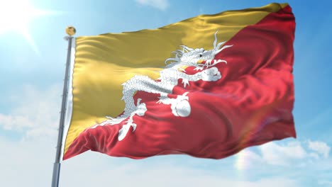 4k-3D-Darstellung-Der-Wehenden-Flagge-Auf-Einer-Stange-Des-Landes-Bhutan