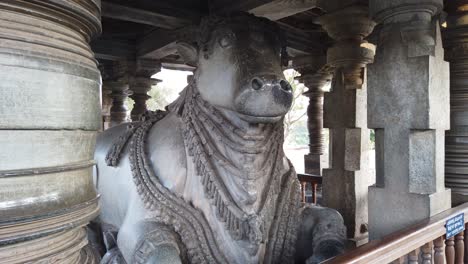 Blick-Auf-Beeindruckende-Steinmetzarbeiten-Aus-Dem-12.-Jahrhundert-Und-Einen-Einzelnen-Steinbullen-Im-Hoysaleshwara-Tempel-In-Karnataka