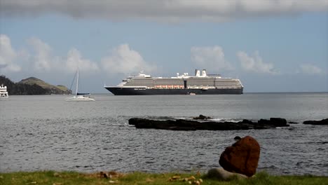 Holland-America-Line-Cruise-ship-in-Taiohae-Bay,-Nuku-Hiva,-Marquesas-Islands,-French-Polynesia