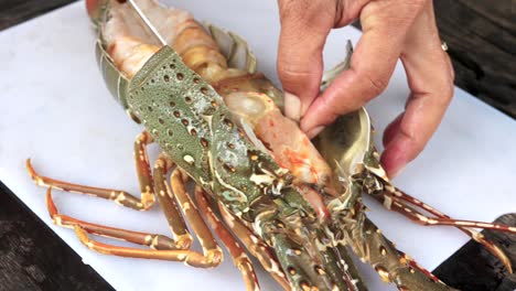 Chef-hands-with-knife-opening-giant-lobster-shell---Cooking-seafood-concept