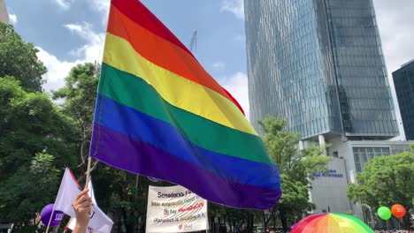 LGBTQ-flag-during-Pride-Parade-in-Mexico-City-2019-,-static-close-up