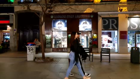Cannabis-storefront-in-Europe,-Marijuana-shop-at-night