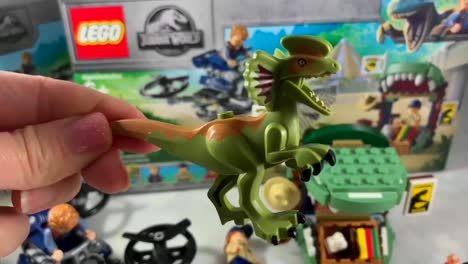 Camera-focusing-on-a-Dilophosaurus-Lego-toy-and-then-on-a-Lego-Mini-figure-of-Owen,-one-of-the-main-characters-of-the-Jurassic-World-movie-and-franchise
