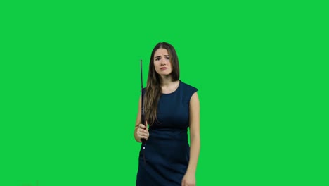 Girl-discourages-and-threaten-with-telescopic-bat-in-front-of-a-green-screen