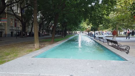 Hviezdoslavov-square-with-fountains-in-Bratislava,-Slovakia